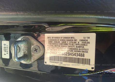 2005 Honda Civic Vp from USA, damaged, VIN 2HGES163251H54348